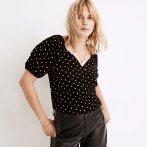 Madewell Corduroy Puff-Sleeve Wrap Top in Oval Dot Size L